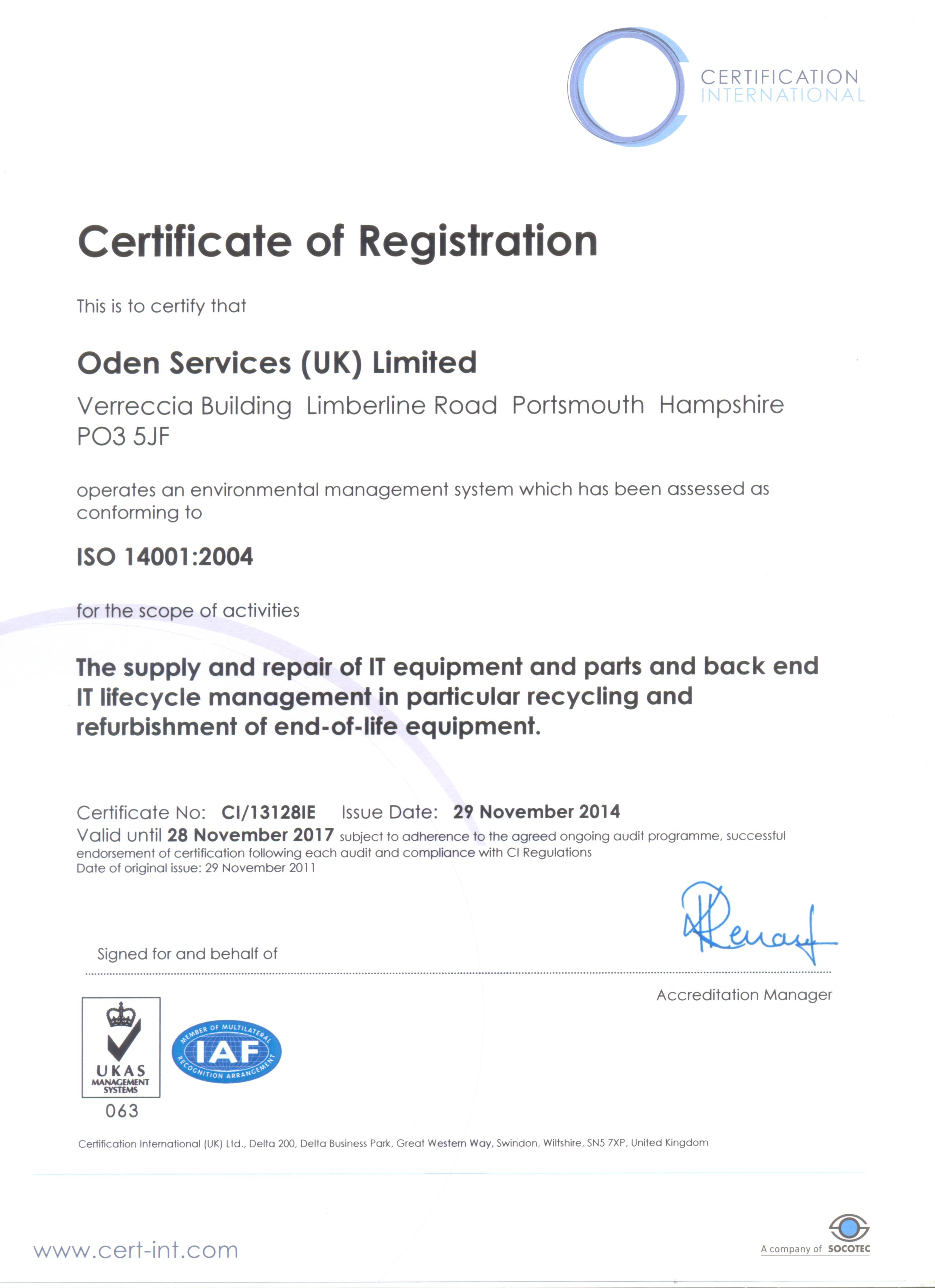 Oden Services UK Ltd, UK Policies and Certificates